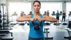 Žena cvičí s kettlebellem ve fitcentru, fitness trénink, posilovna, zdravý životní styl