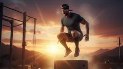 Muž skáče na bednu při tréninku crossfitu venku za soumraku, fitness motivace.